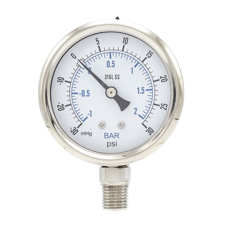 Pro 2 1/2 in Dial, 30 in Hg Vac/0/30 PSI & Bar, 1/4 in NPT, Lower Mount Dry/Fillable Pressure Gauge PRO-301D-254CC-01